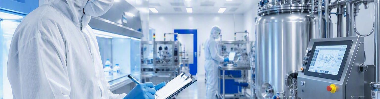 Cleanroom technician performing contamination control inspection in ISO-certified cleanroom